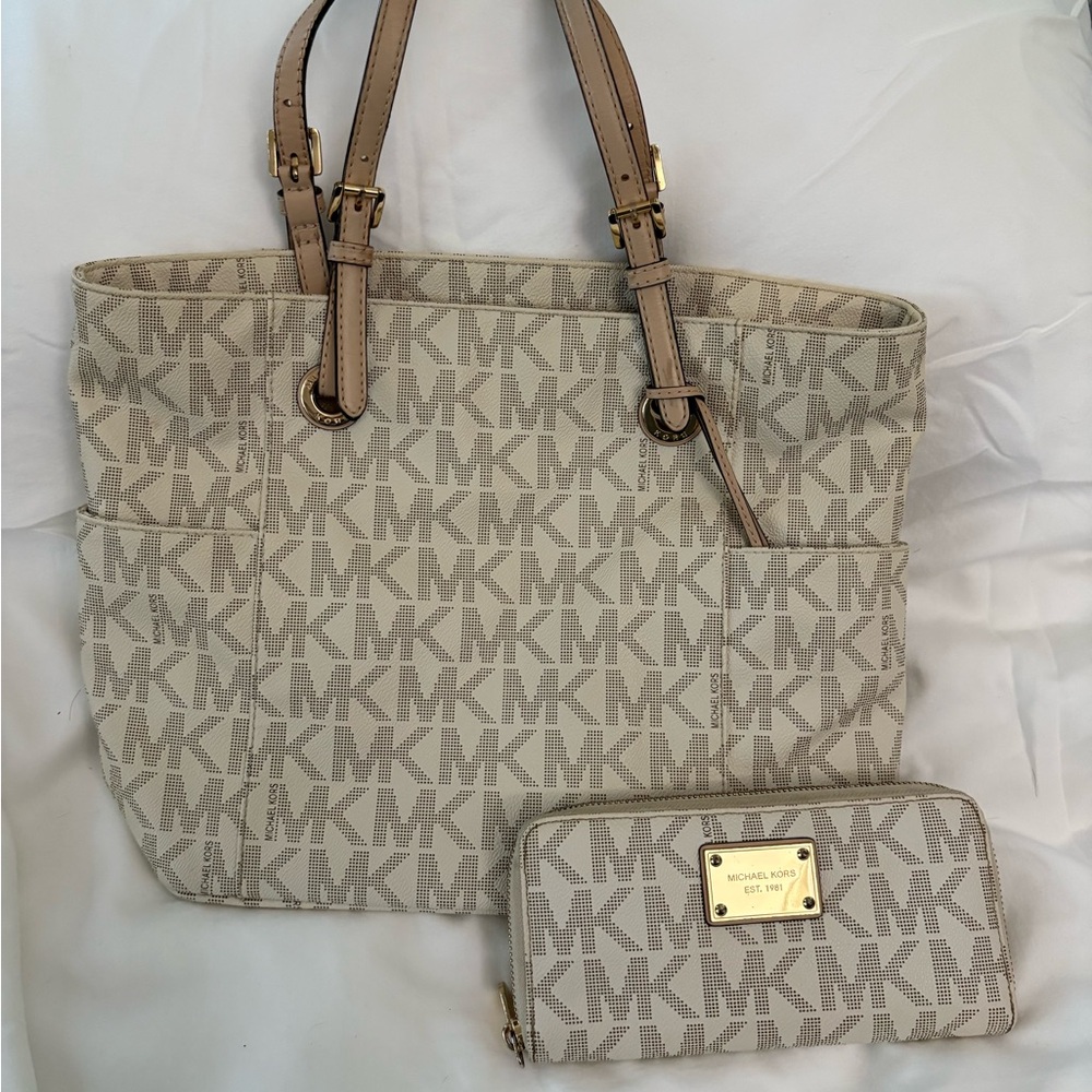 Michael Kors Monogram Tan Tote and Wallet Set